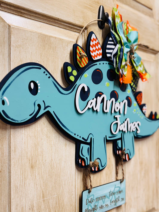 3D nursery/hospital sign & birth stats dinosaur