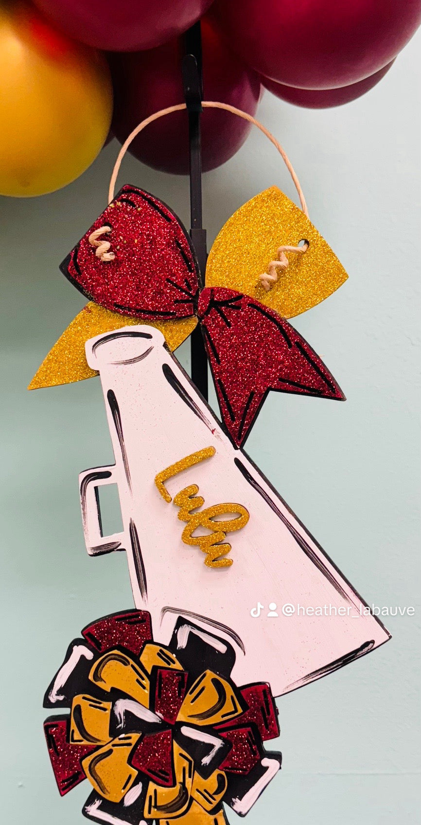 Cheer megaphone, bow & pom door hanger