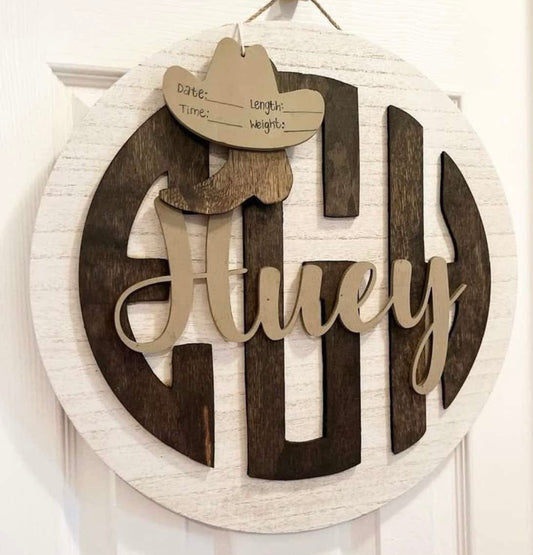 3D cowboy nursery sign & detachable birth sign
