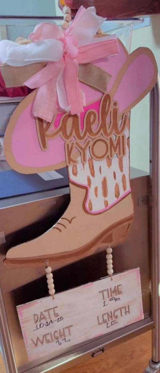 3D nursery/hospital sign & birth stats cowboy boots & hat
