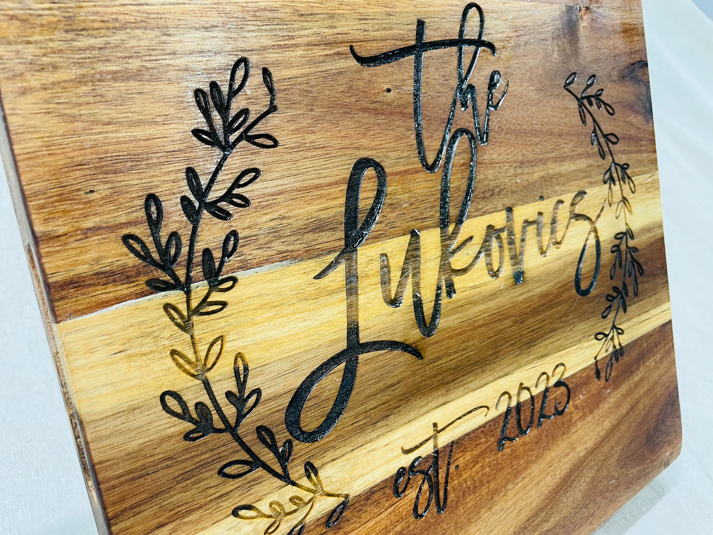 Custom engraved cutting/serving/display board - 15” and 1.5” thick