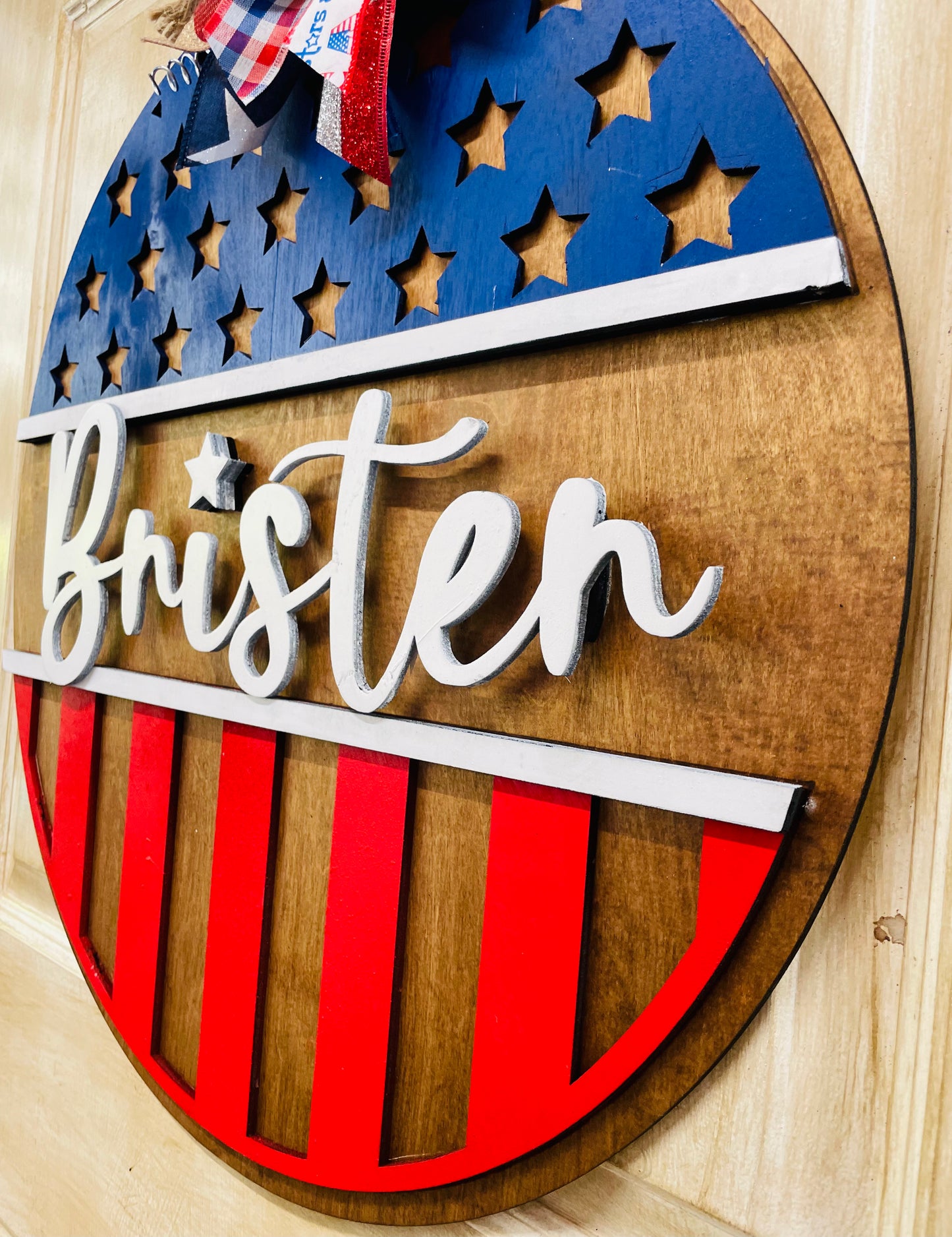PAINTED 3D Patriotic Flag door sign with custom name or welcome