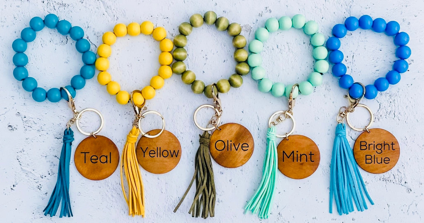 Wood bead key ring with custom engraving & tassel wristlet