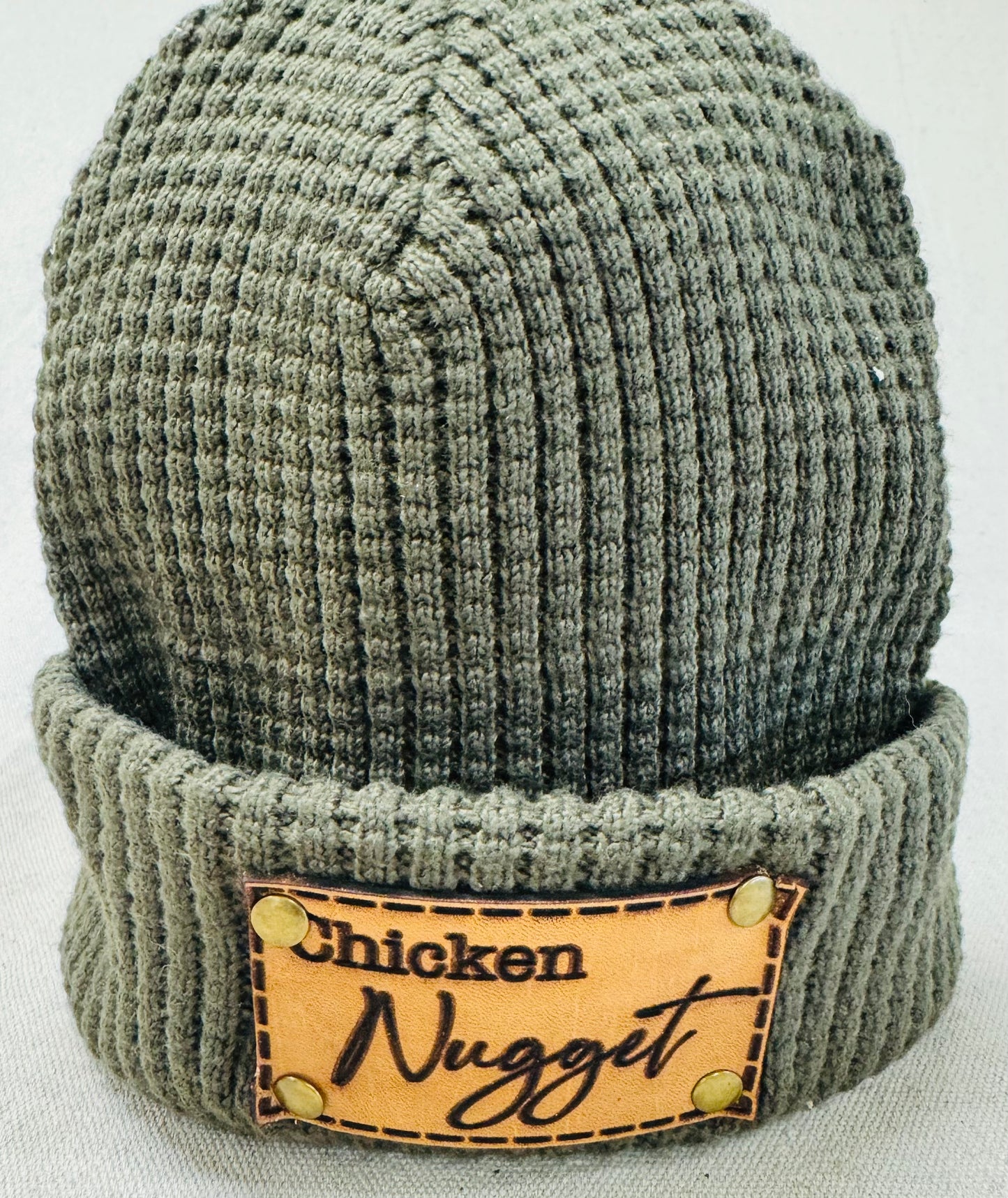 Childs beanie with custom real leather patch