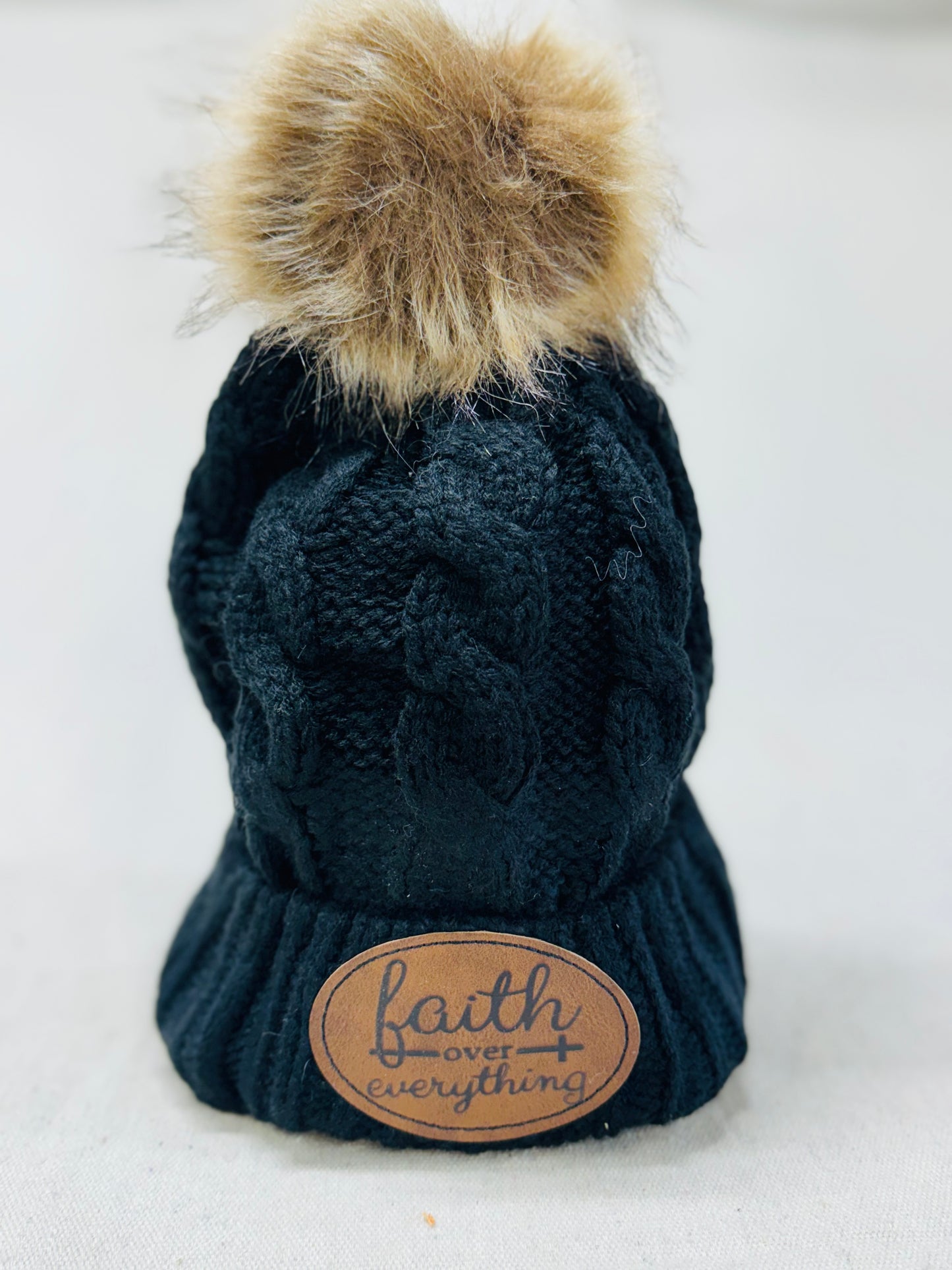 Childs beanie and fur Pom Pom with custom leatherette patch