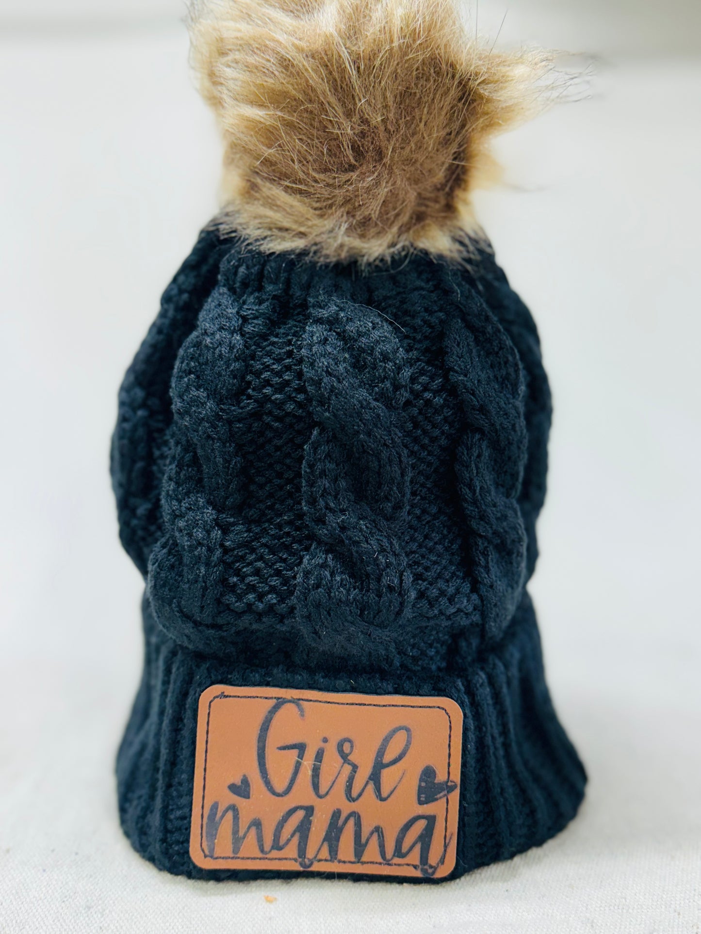 Childs beanie and fur Pom Pom with custom leatherette patch