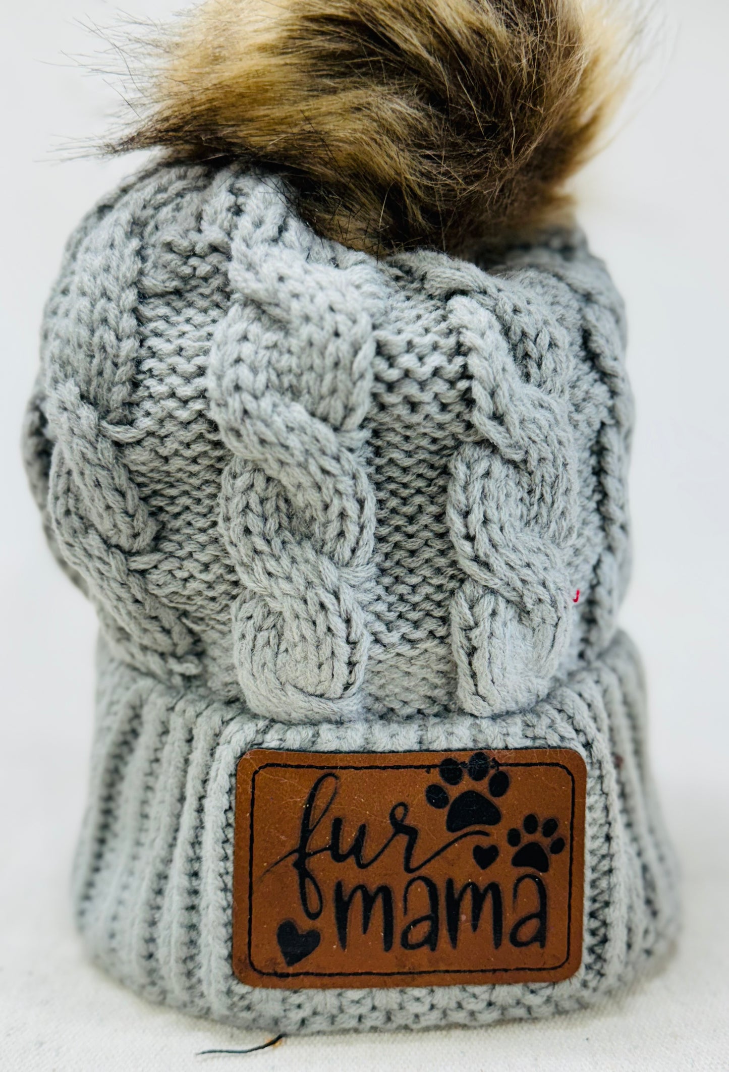 Childs beanie and fur Pom Pom with custom leatherette patch