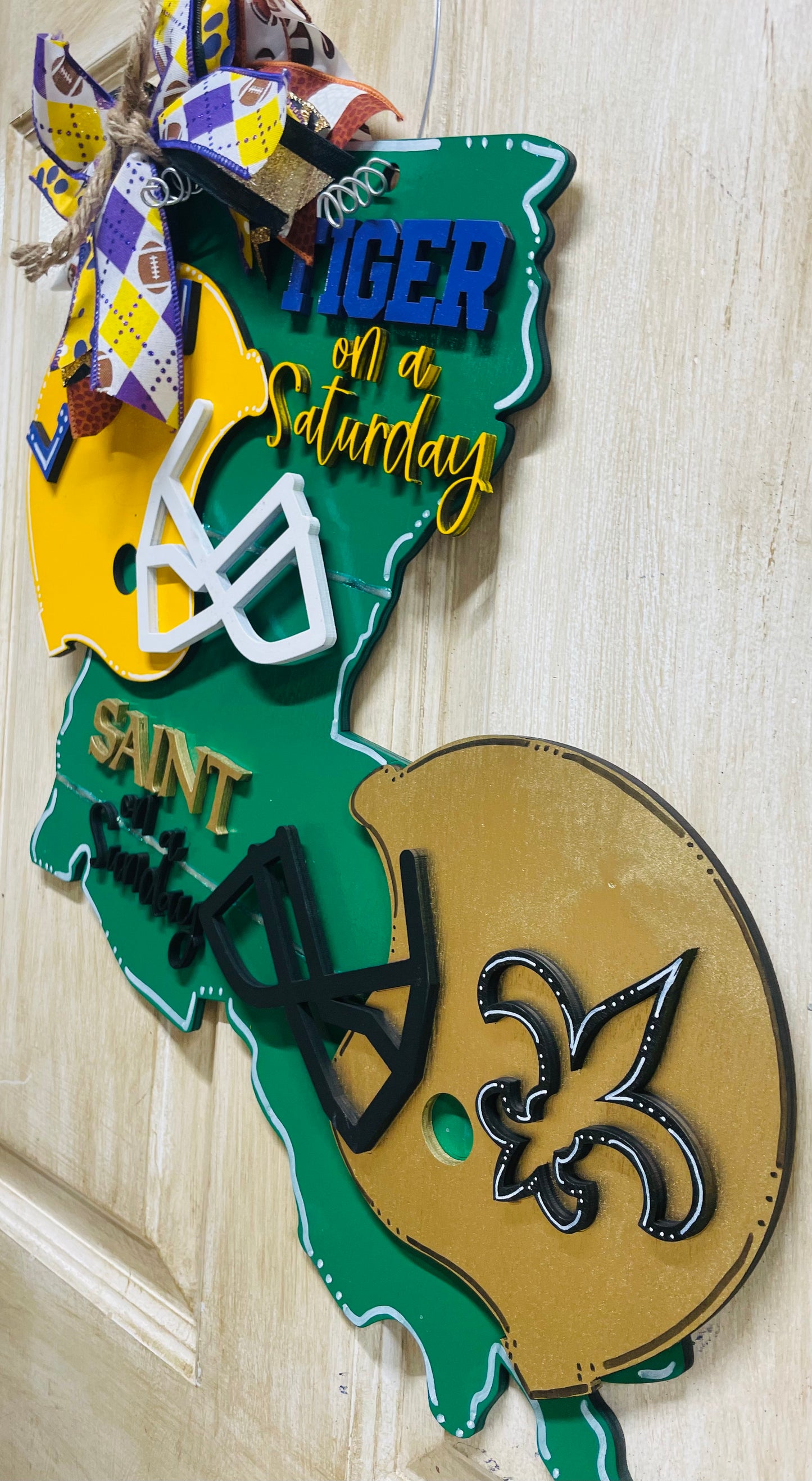 3D LSU Tiger on Saturday SAINT on a Sunday door hanger