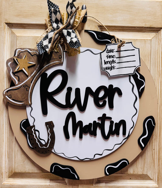 3D nursery/hospital sign & birth stats cowboy hat