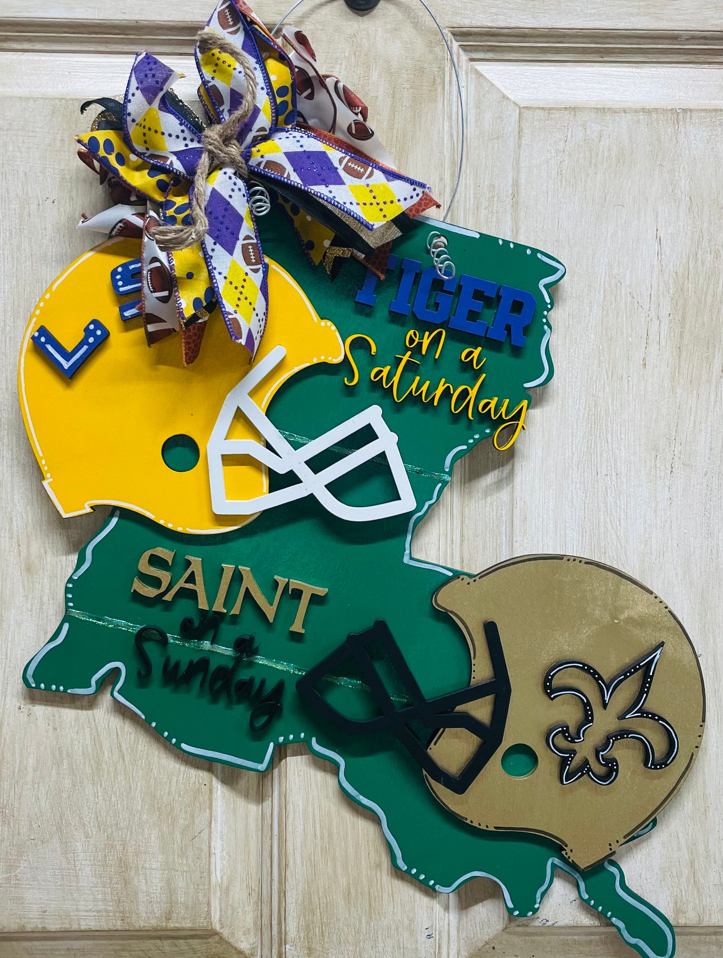 3D LSU Tiger on Saturday SAINT on a Sunday door hanger