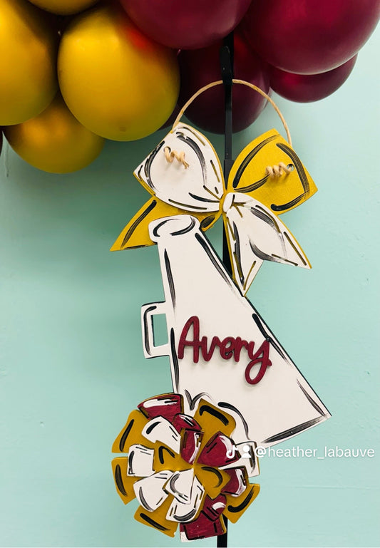 Cheer megaphone, bow & pom door hanger