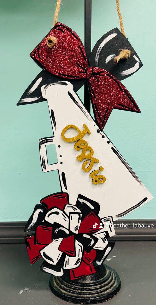 Cheer megaphone, bow & pom door hanger