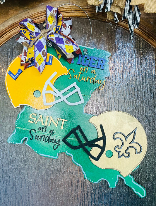 3D LSU Tiger on Saturday SAINT on a Sunday door hanger