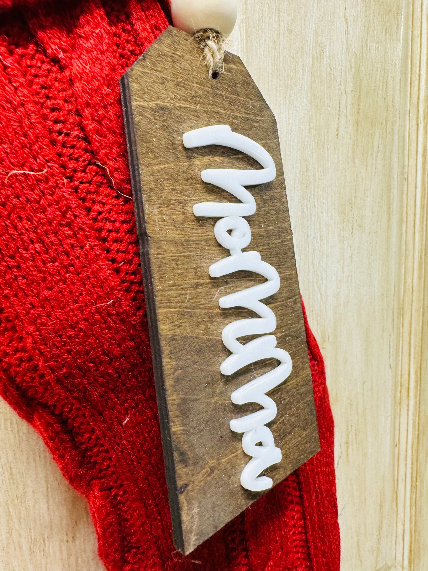 Wood & acrylic stocking tags, stained