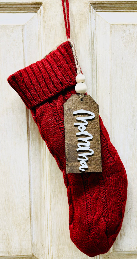 Wood & acrylic stocking tags, stained