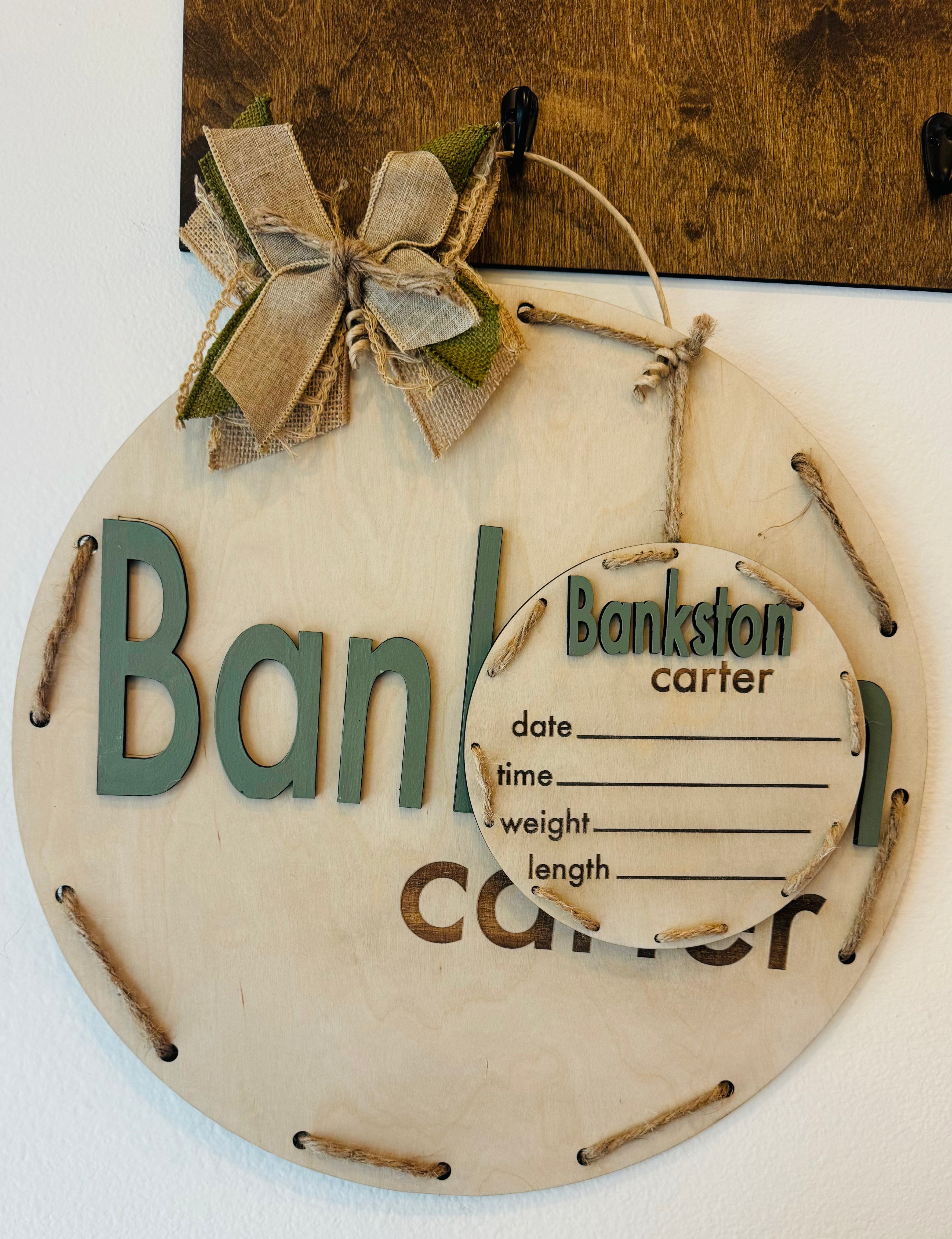 Natural round w/rope border nursery/hospital sign & birth stats round ...