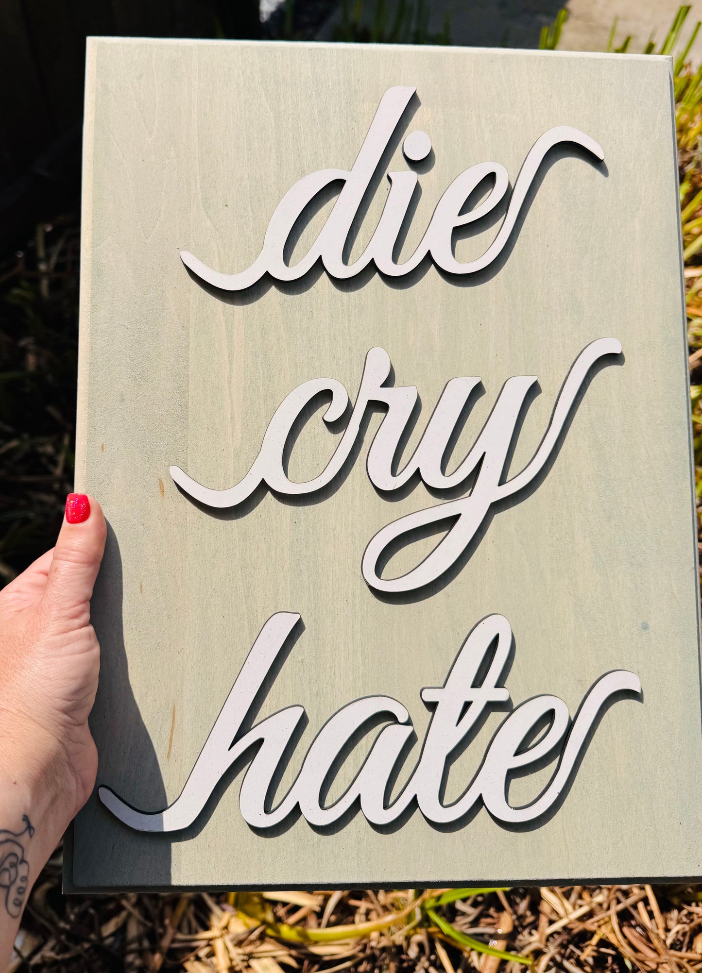 “Die, cry, hate” plaque (gag gift)
