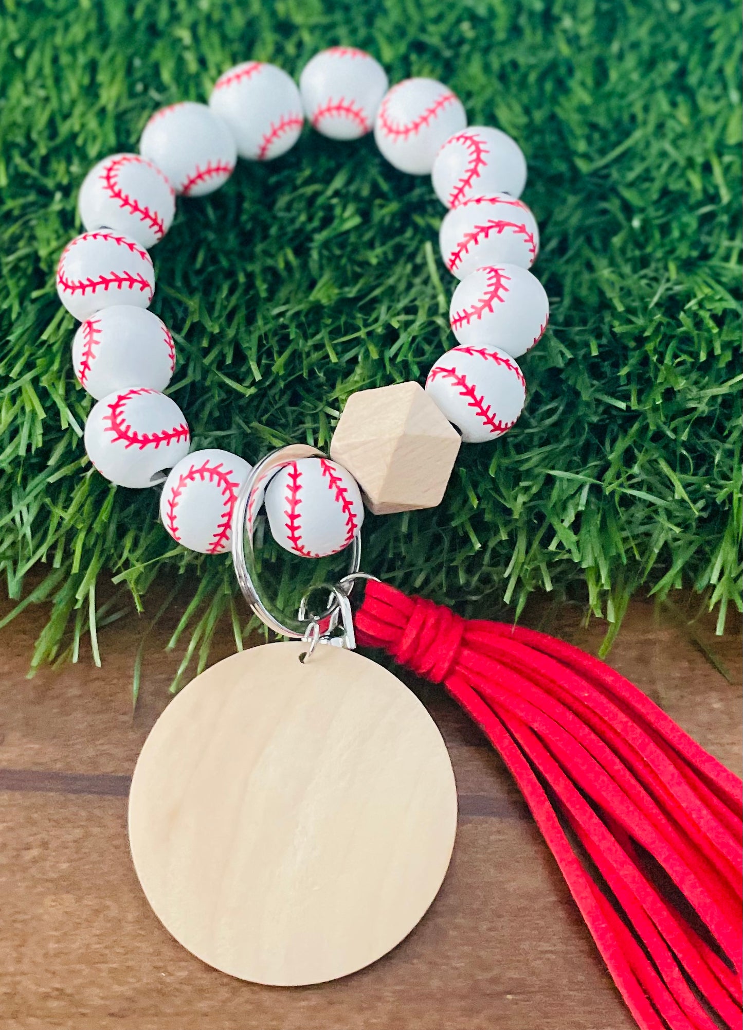 Sports bead key ring with custom engraving & tassel wristlet