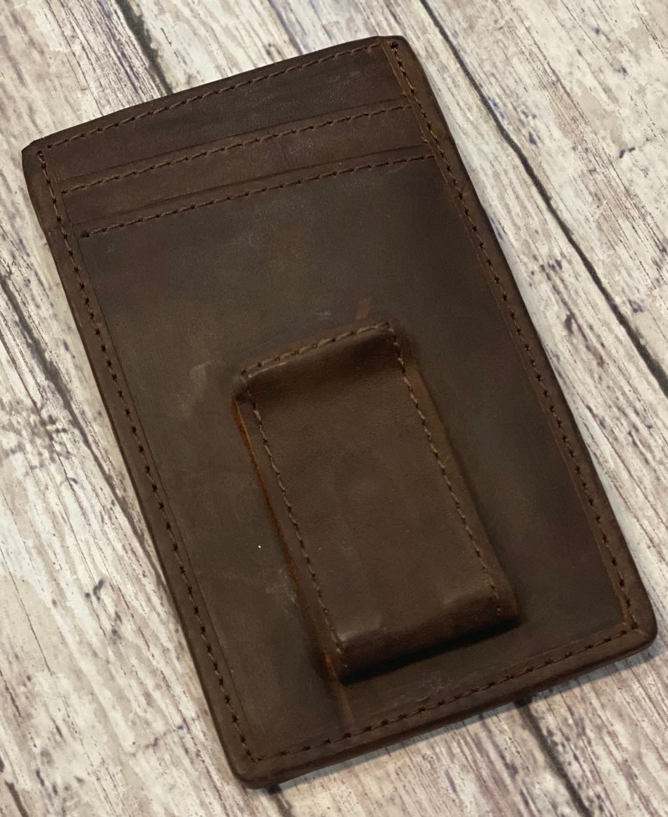 Engraved leather men’s money clip wallet