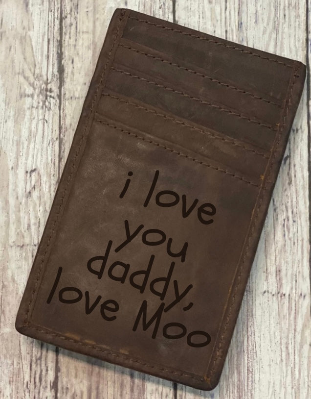 Engraved leather men’s money clip wallet