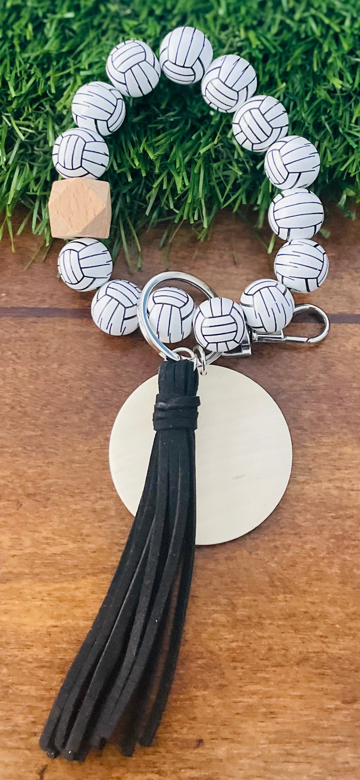 Sports bead key ring with custom engraving & tassel wristlet