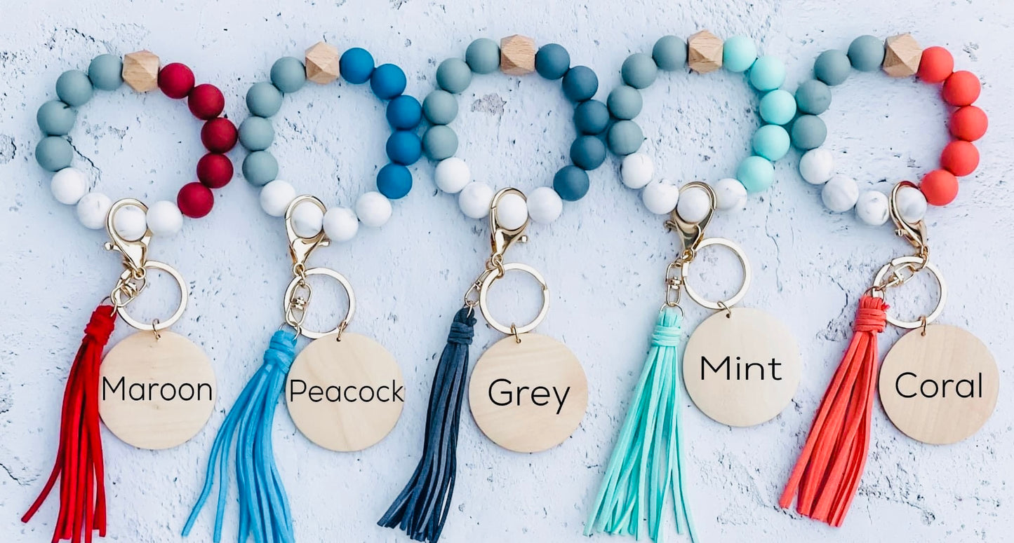 Silicone bead key ring wristlet with custom engraving & tassel