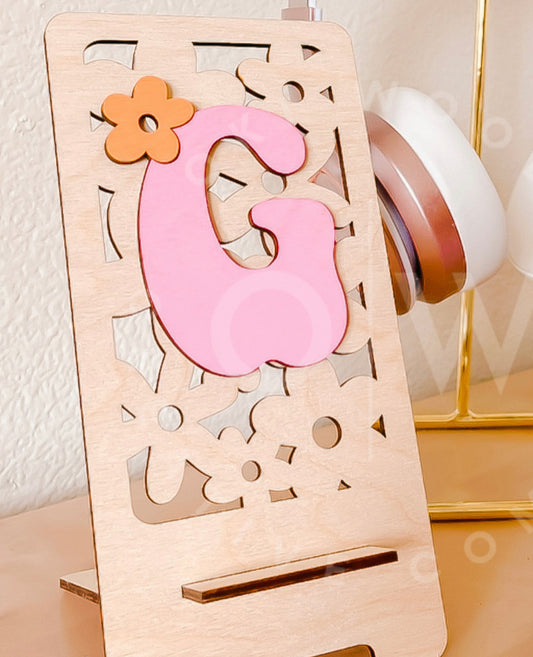 Wood phone holder - fun flowers