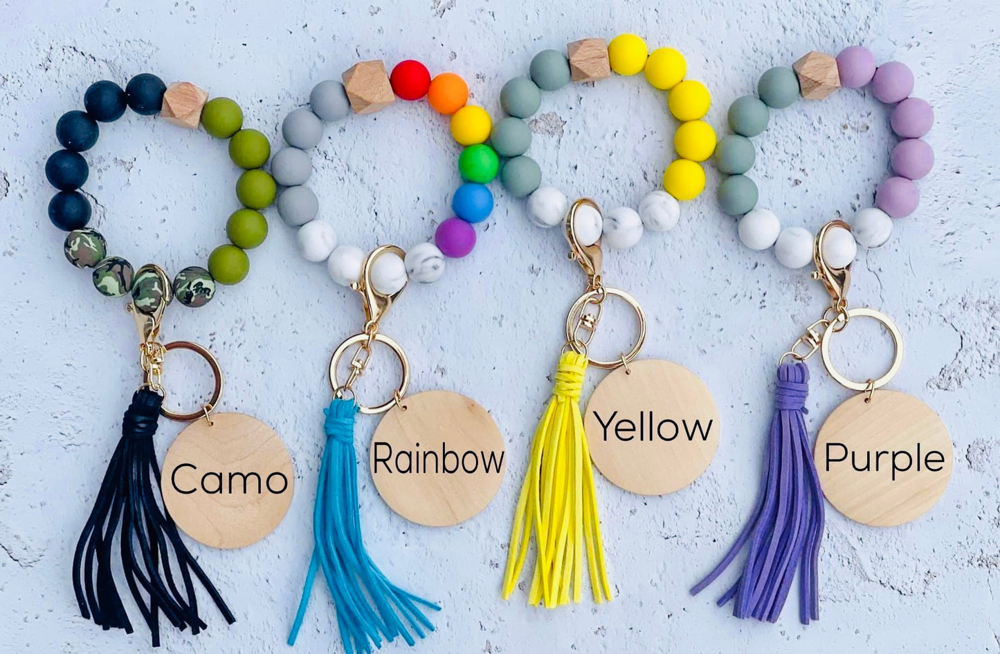 Silicone bead key ring wristlet with custom engraving & tassel