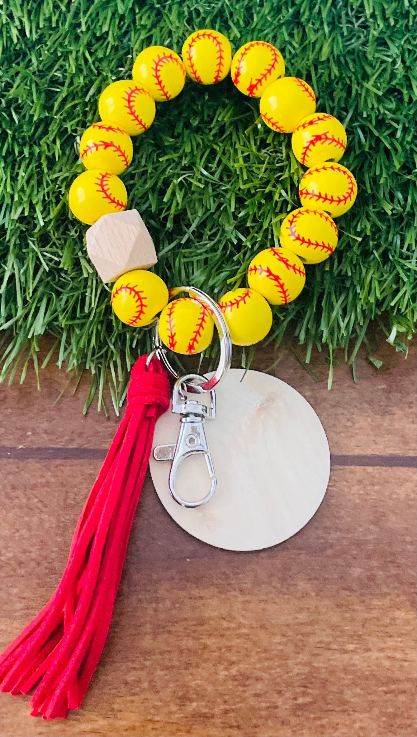 Sports bead key ring with custom engraving & tassel wristlet