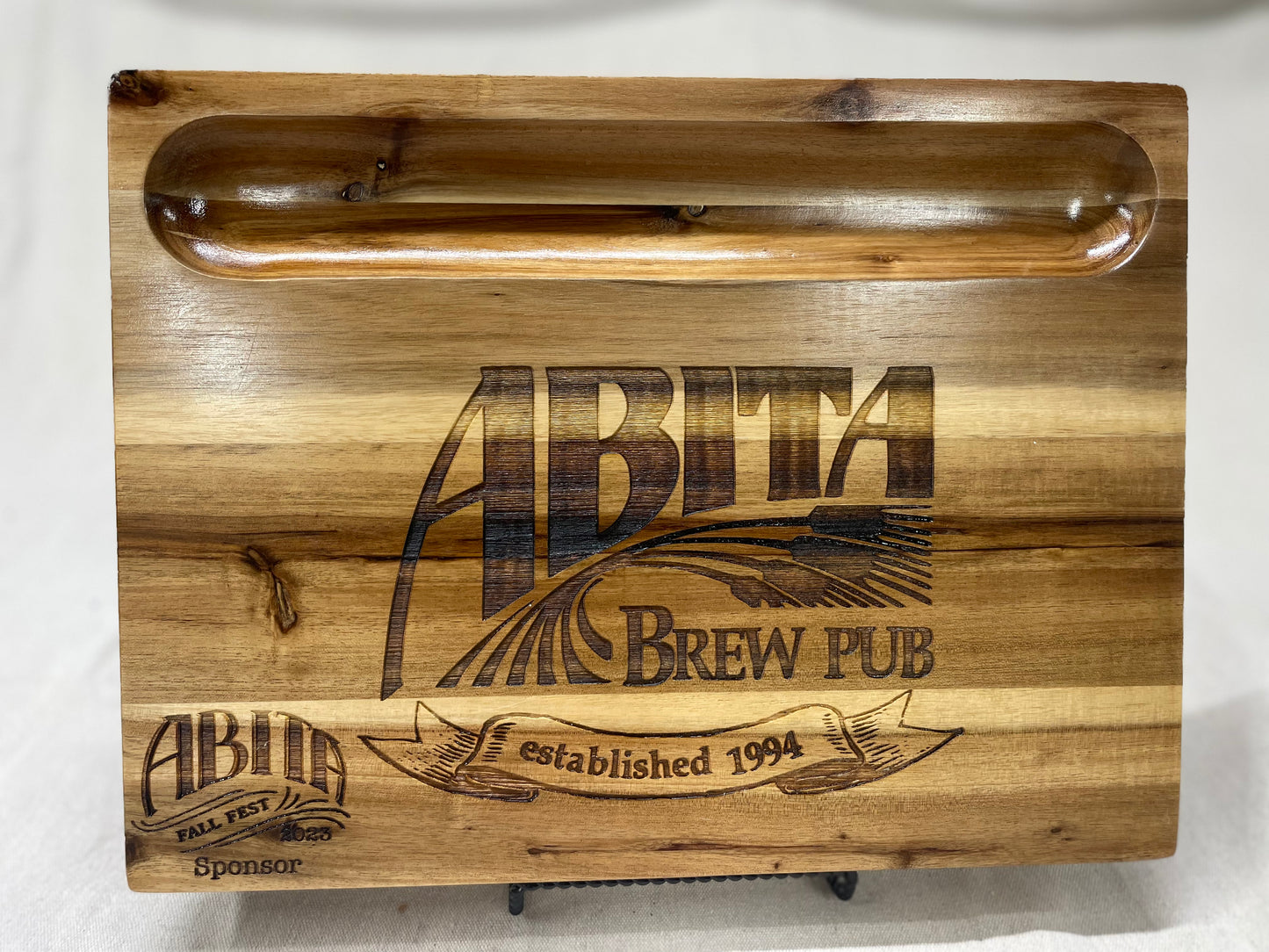 Custom engraved wood cutting/serving/display board with cracker/dip tray