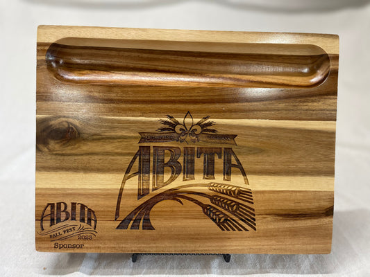 Custom engraved wood cutting/serving/display board with cracker/dip tray