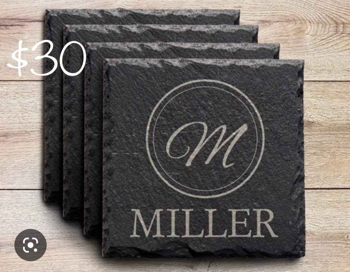 Custom engraved slate coasters set of 4