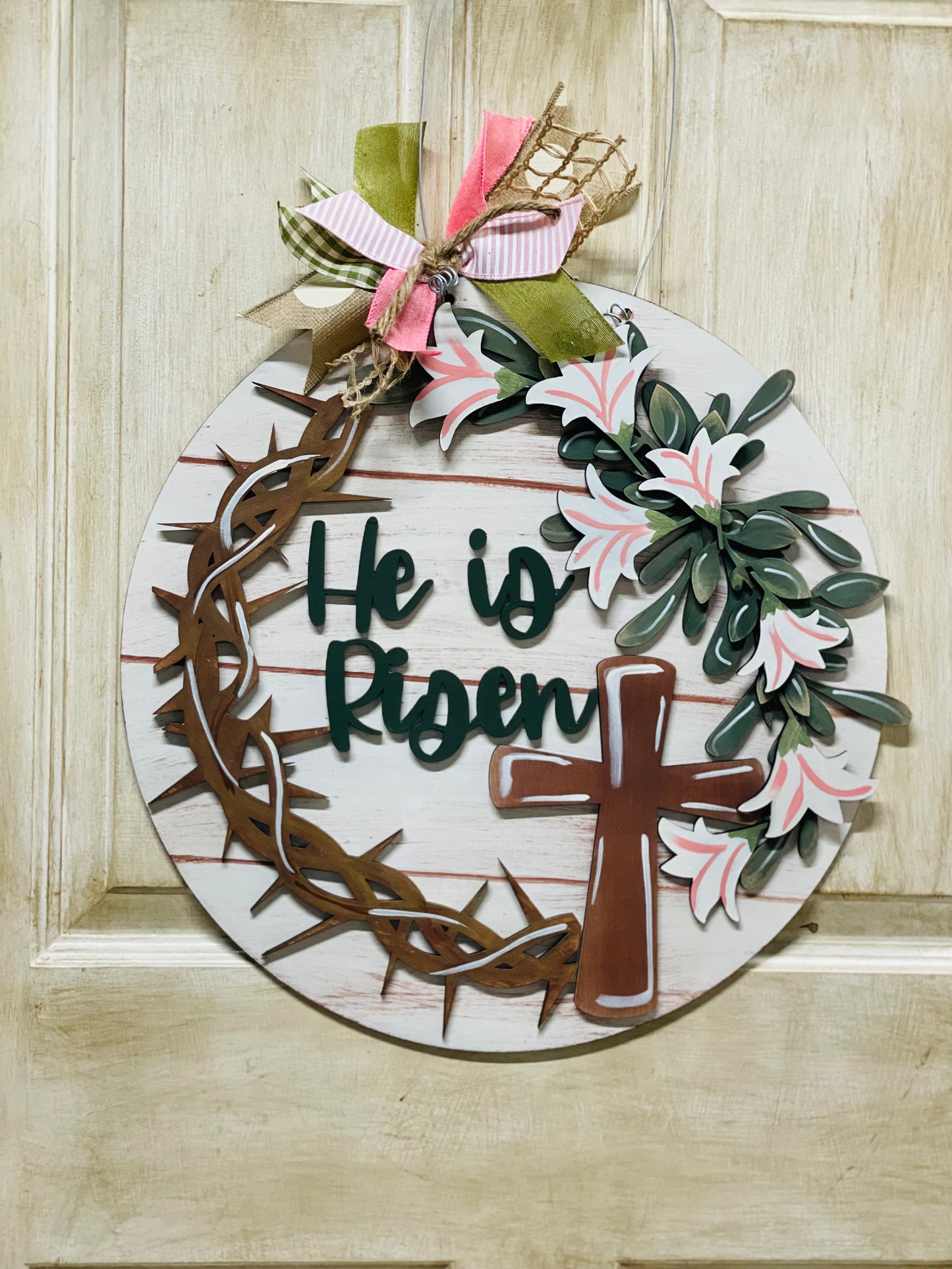 3D EASTER HE IS RISEN ivory door sign