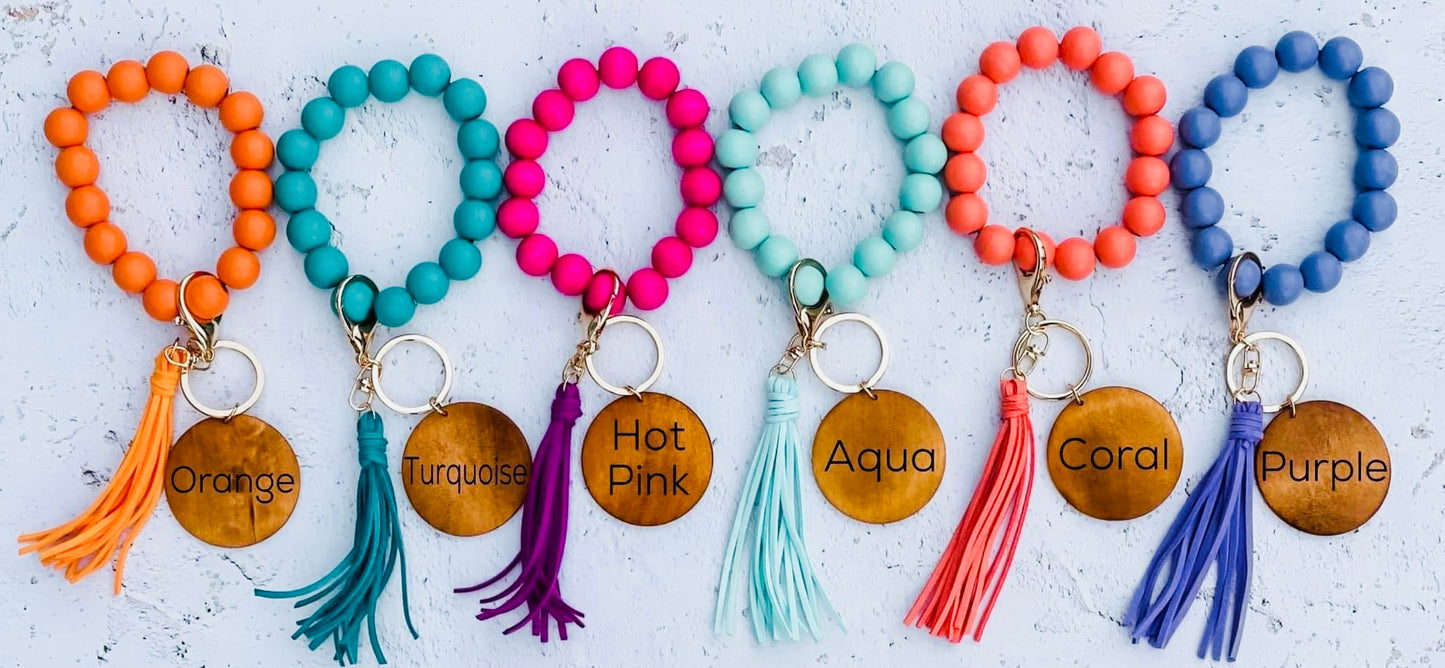 Wood bead key ring with custom engraving & tassel wristlet