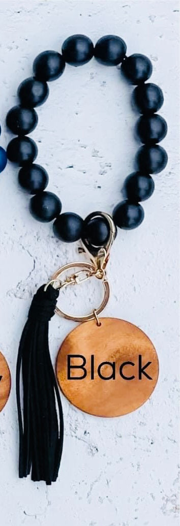 Wood bead key ring with custom engraving & tassel wristlet