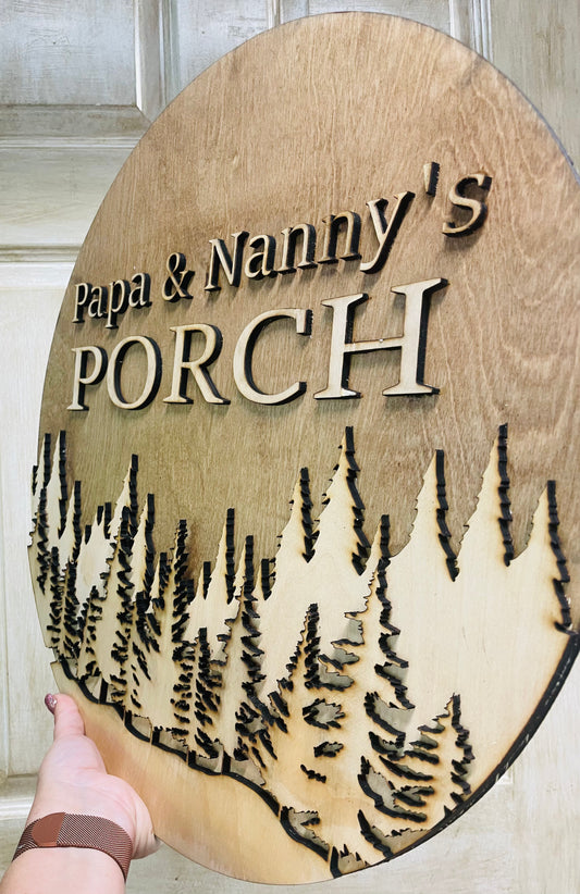 Natural & stain 3D Mountain round sign