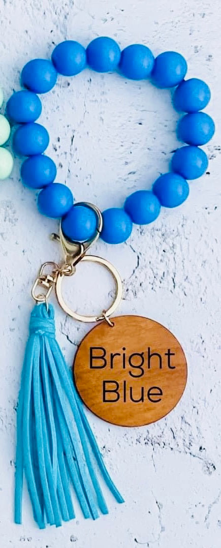 Wood bead key ring with custom engraving & tassel wristlet