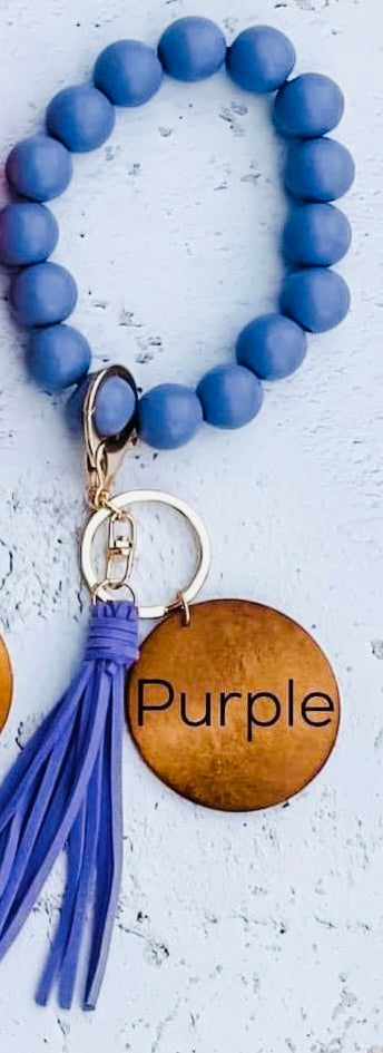 Wood bead key ring with custom engraving & tassel wristlet