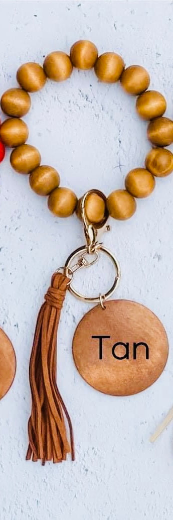 Wood bead key ring with custom engraving & tassel wristlet