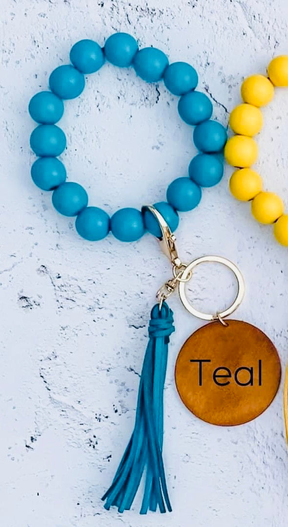 Wood bead key ring with custom engraving & tassel wristlet