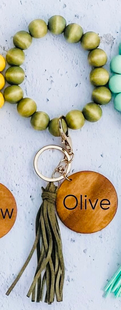 Wood bead key ring with custom engraving & tassel wristlet