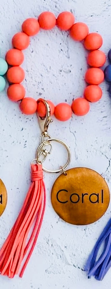 Wood bead key ring with custom engraving & tassel wristlet