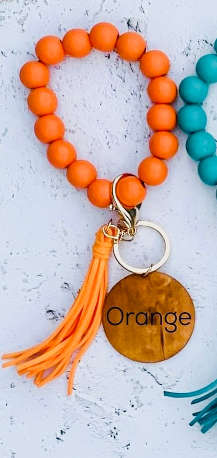 Wood bead key ring with custom engraving & tassel wristlet