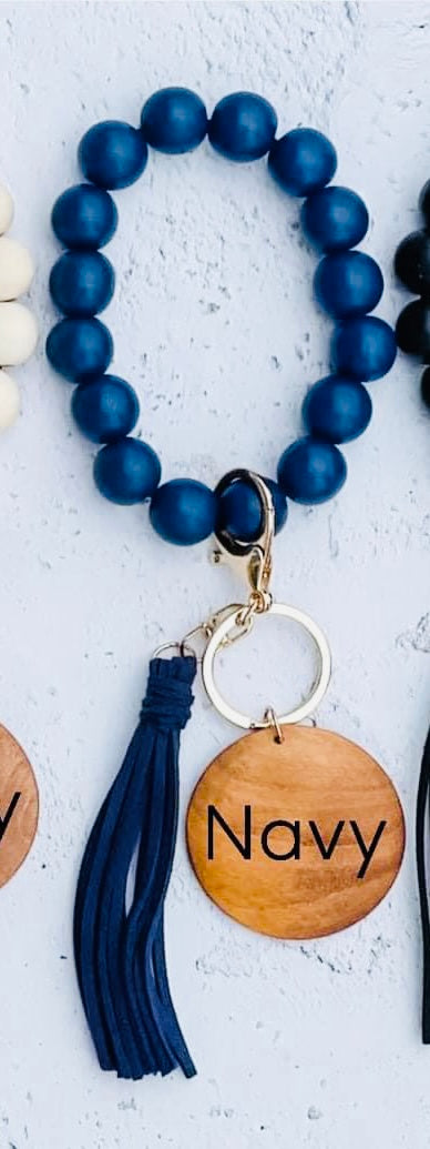 Wood bead key ring with custom engraving & tassel wristlet