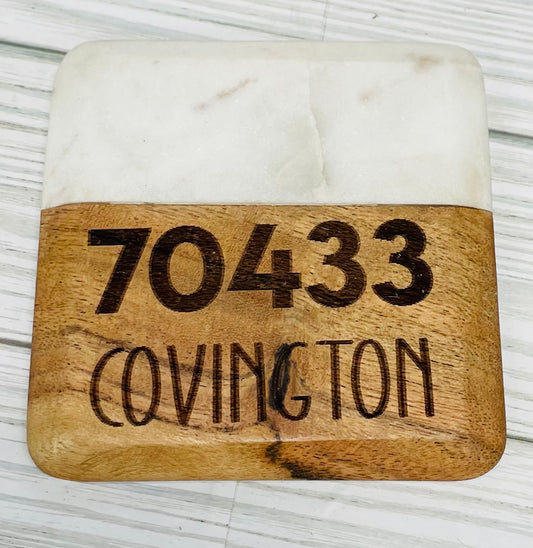 Custom engraved marble and wood coasters set of 4