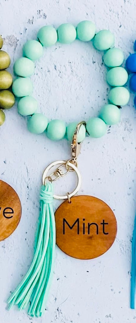 Wood bead key ring with custom engraving & tassel wristlet