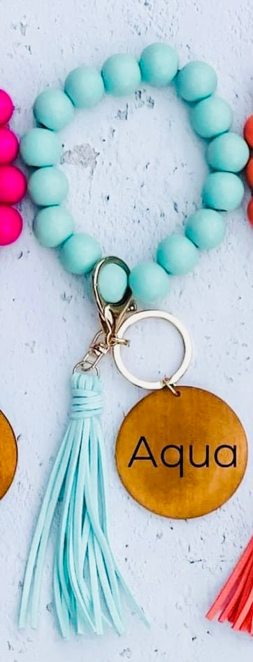 Wood bead key ring with custom engraving & tassel wristlet