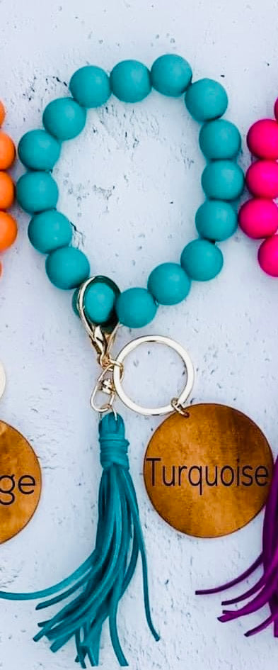 Wood bead key ring with custom engraving & tassel wristlet