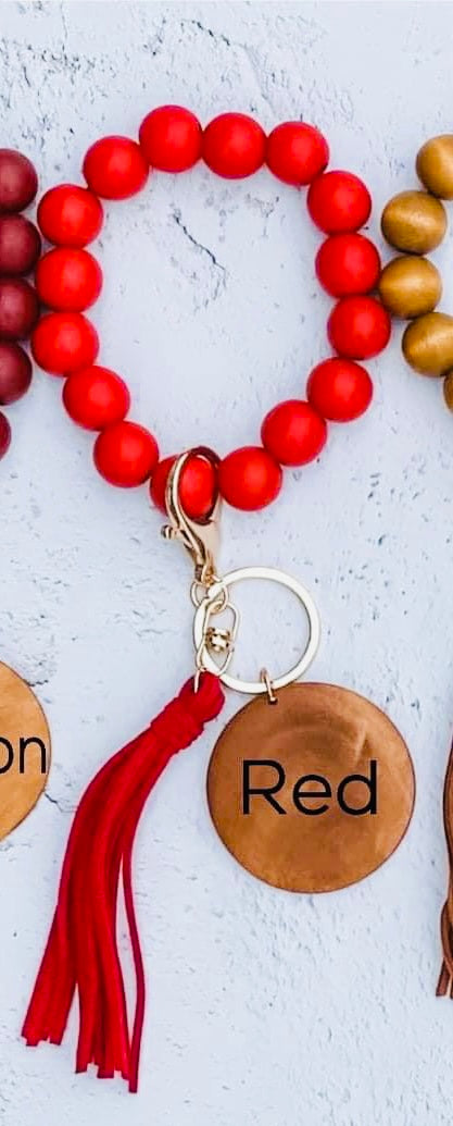 Wood bead key ring with custom engraving & tassel wristlet