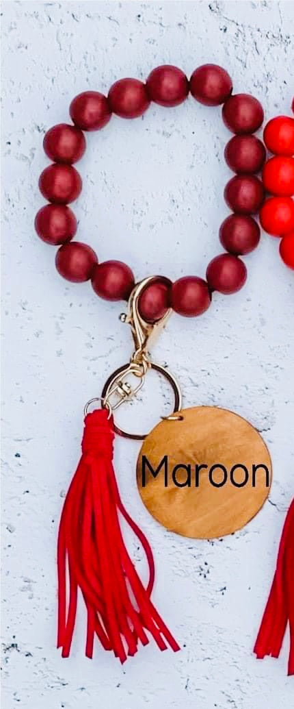 Wood bead key ring with custom engraving & tassel wristlet